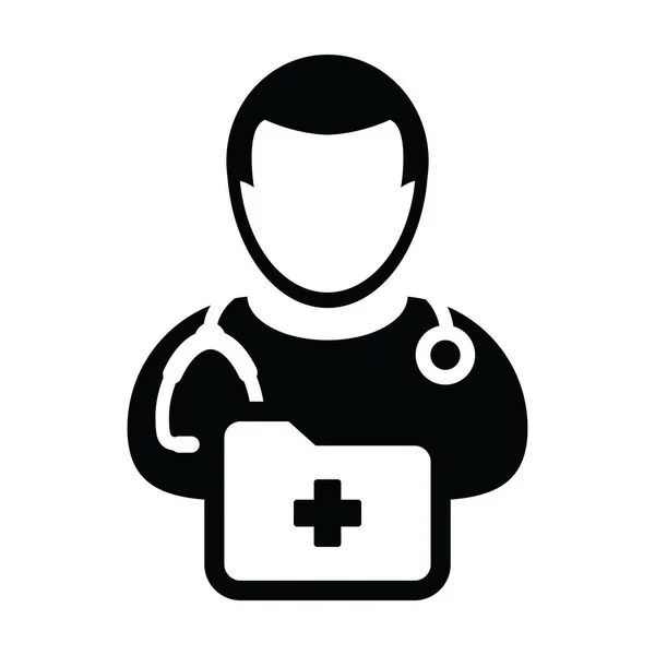 Verpleegkundige pictogram vector mannelijke persoon profiel avatar met stethoscoop en medisch rapport map voor medische raadpleging in Glyph pictogram afbeelding — Stockvector