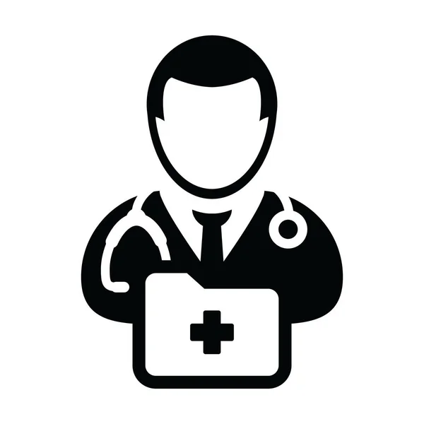 Icône médecin vecteur homme profil avatar avec stéthoscope et dossier médical pour consultation médicale dans l'illustration de pictogramme Glyphe — Image vectorielle