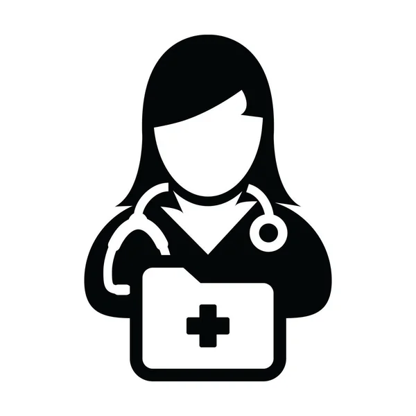 Medical icon vector female doctor person profile avatar with stethoscope and medical report folder for health Consultation in Glyph pictogram illustration — Stock Vector