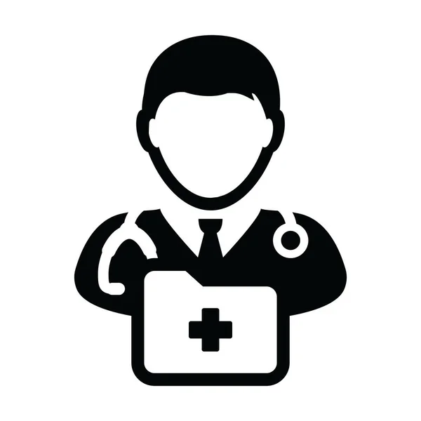 Icono de salud vector hombre médico persona perfil avatar con estetoscopio y carpeta de informes médicos para consulta médica en ilustración pictograma de glifos — Archivo Imágenes Vectoriales