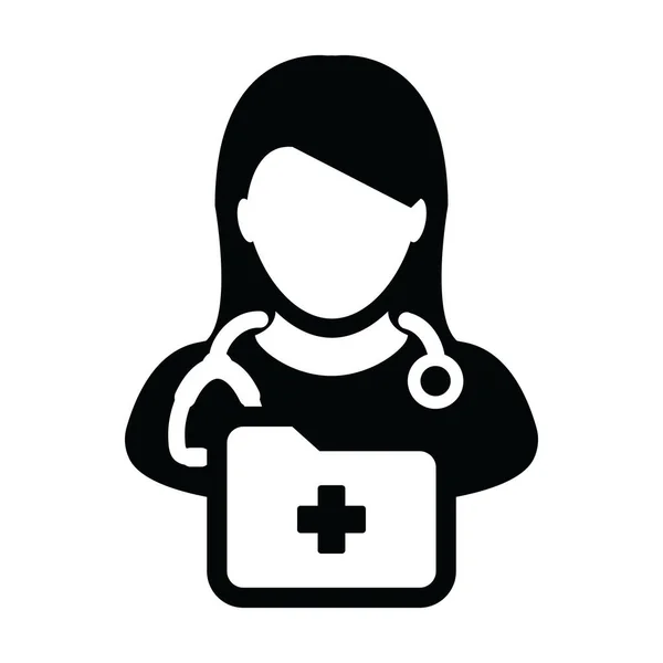 Vecteur d'icônes de rapport médical avec avatar de profil de femme médecin avec stéthoscope et dossier pour consultation de santé dans l'illustration de pictogramme de glyphe — Image vectorielle