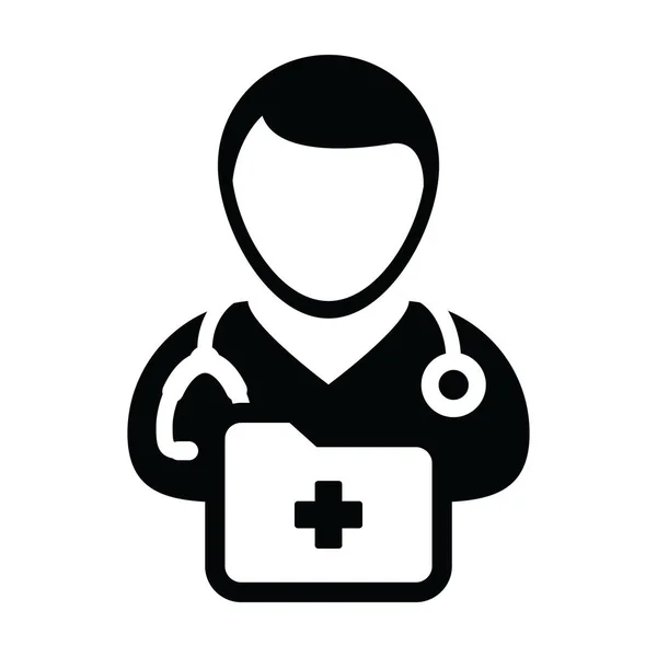 Icono médico vector hombre persona perfil avatar con estetoscopio y carpeta de informes médicos para consulta médica en ilustración pictograma Glyph — Vector de stock