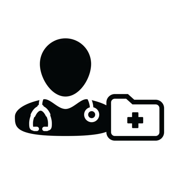 Icône de premiers soins vecteur homme médecin profil avatar avec stéthoscope et dossier médical pour consultation médicale dans Glyphe pictogramme illustration — Image vectorielle