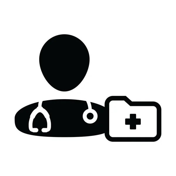 Icono de atención médica vector médico masculino persona perfil avatar con estetoscopio y carpeta de informes médicos para consulta médica en ilustración pictograma Glyph — Vector de stock