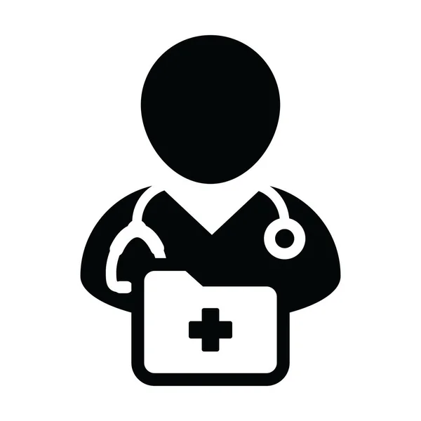 Icono de registro médico vector con avatar perfil persona médico masculino con estetoscopio y carpeta para consulta de salud en ilustración pictograma glifo — Vector de stock