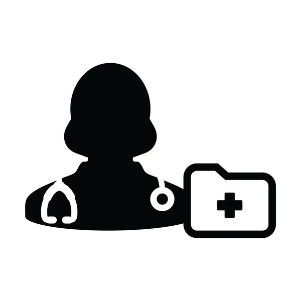 Icono de primeros auxilios vector mujer médico persona perfil avatar con estetoscopio y carpeta de informes médicos para consulta médica en ilustración pictograma Glyph — Vector de stock