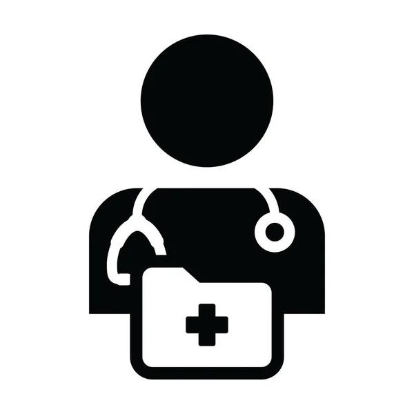 Icono de informe médico vector con avatar de perfil de persona médico masculino con estetoscopio y carpeta para consulta de salud en ilustración de pictograma de glifo — Archivo Imágenes Vectoriales