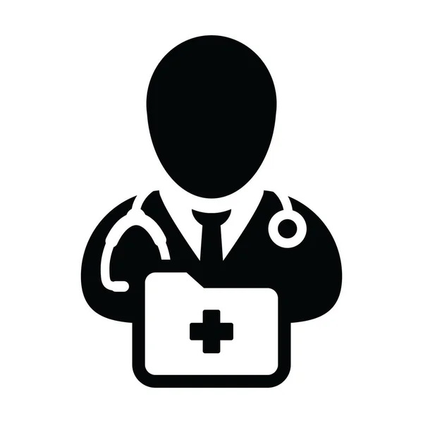 Icono de primeros auxilios vector hombre médico persona perfil avatar con estetoscopio y carpeta de informes médicos para consulta médica en ilustración pictograma Glyph — Archivo Imágenes Vectoriales