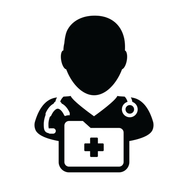 Icono de salud vector hombre médico persona perfil avatar con estetoscopio y carpeta de informes médicos para consulta médica en ilustración pictograma de glifos — Archivo Imágenes Vectoriales