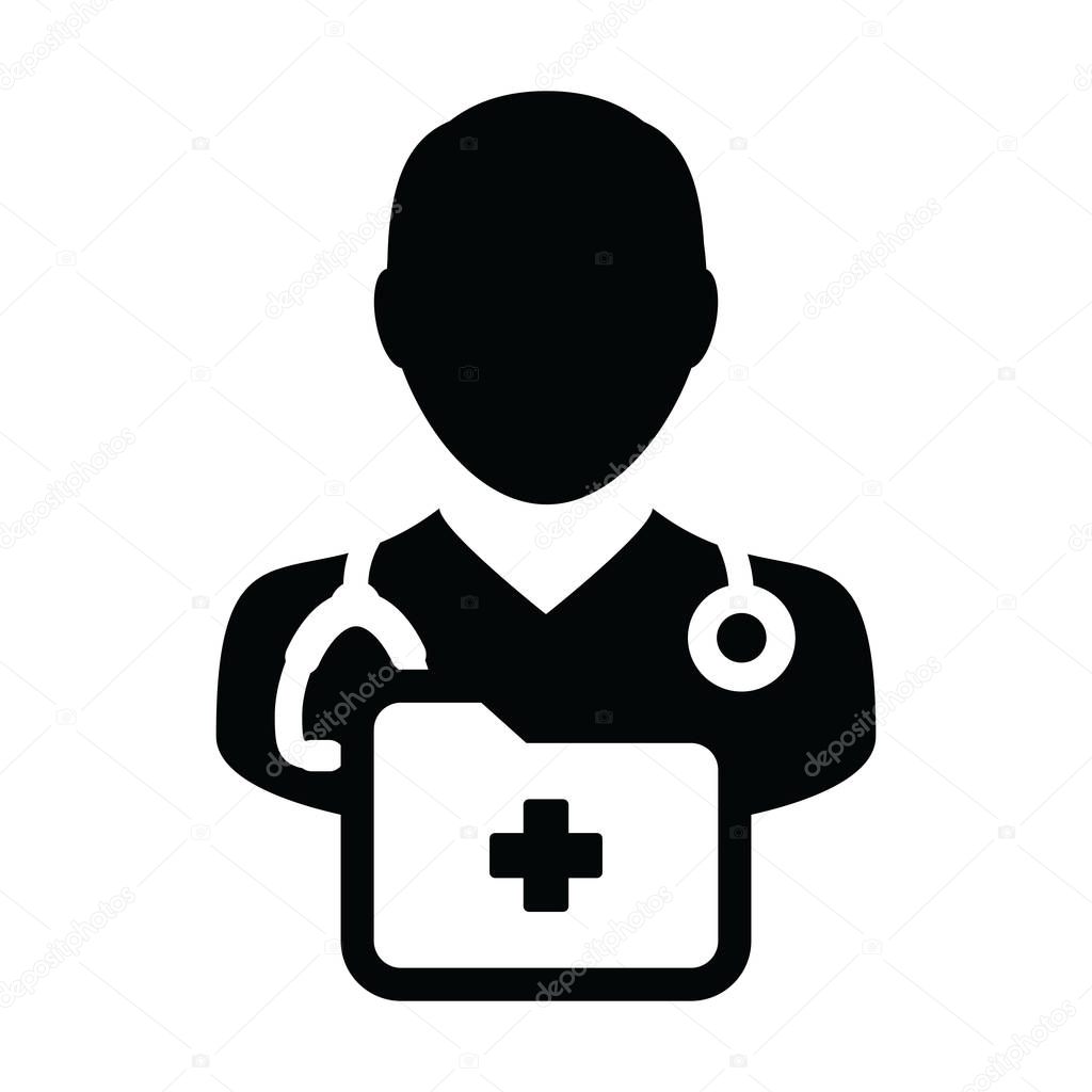 Medical report icon vector with male doctor person profile avatar with stethoscope and folder for health consultation in glyph pictogram illustration