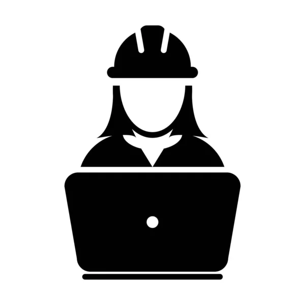 Icono del trabajador vector mujer servicio de construcción persona perfil avatar con portátil y casco hardhat en ilustración pictograma glifo — Archivo Imágenes Vectoriales