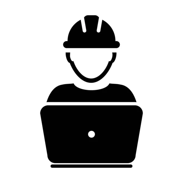 Icône de travailleur vecteur masculin construction service personne profil avatar avec ordinateur portable et casque de casque en glyphe pictogramme illustration — Image vectorielle