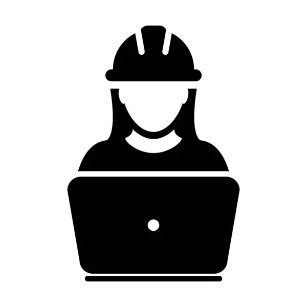 Construction worker icon vector female service person profile avatar with laptop and hardhat helmet in glyph pictogram illustration — Stok Vektör