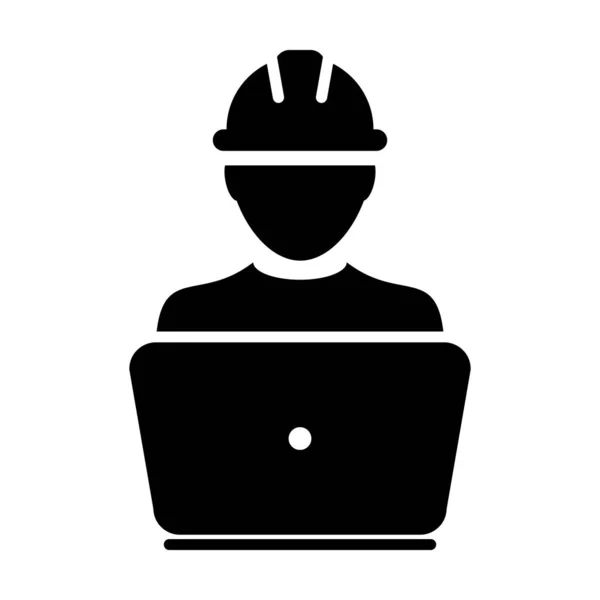 Vecteur d'icône de travailleur de la construction avatar de profil de personne de service masculin avec ordinateur portable et casque de casque en illustration de pictogramme de glyphe — Image vectorielle