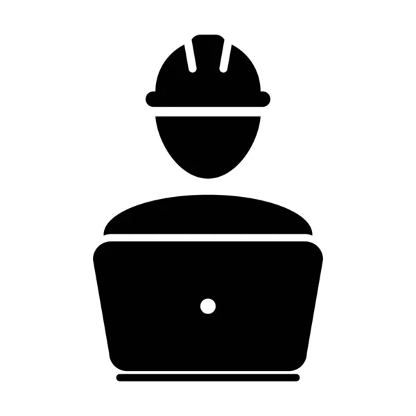 Služba průzkumu ikona Vektor mužský stavební servis osoba profil avatar s laptopem a tvrdou přilbou na obrázku piktogramu ilustrace — Stockový vektor