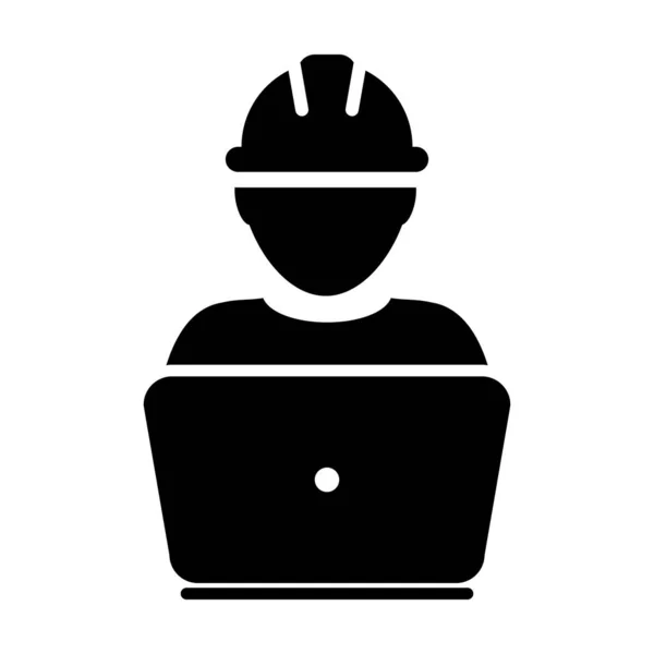 Operator worker icon vector male Construction service person profile avatar with laptop and hardhat helmet in glyph pictogram illustration — Stock Vector