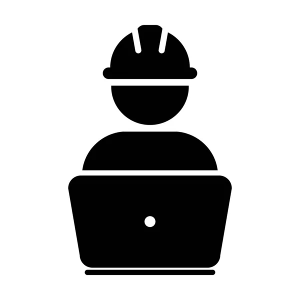 Icono de soporte vector masculino trabajador del servicio de construcción persona avatar perfil con portátil y casco hardhat en ilustración pictograma glifo — Vector de stock