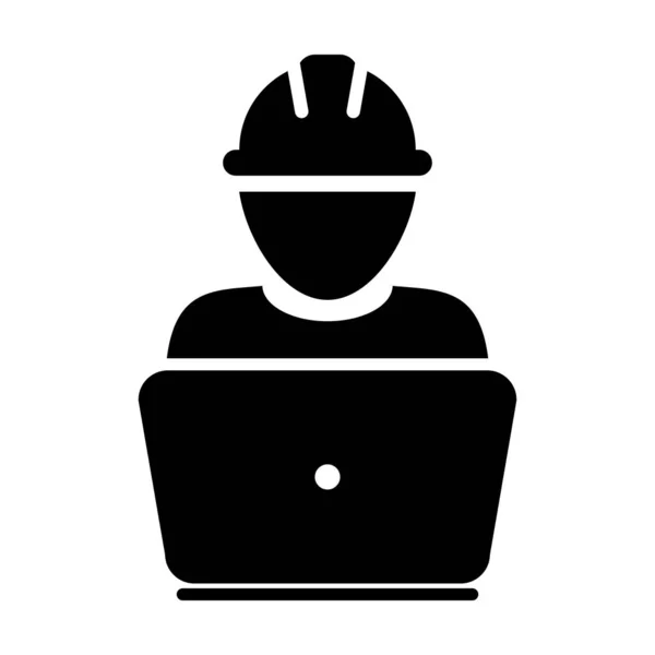 Säkerhets arbetare ikon vektor manliga konstruktion tjänst person profil avatar med laptop och HardHat hjälm i Glyph piktogram illustration — Stock vektor