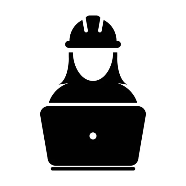 Mitarbeiter Icon Vektor weibliche Bauarbeiter Person Profil Avatar mit Laptop und Helm in Glyphen-Piktogramm-Illustration — Stockvektor