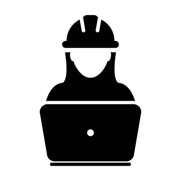 服务工作者图标向量女性建筑服务人员个人资料头像与笔记本电脑和安全帽头盔在字形象形图例证 — 图库矢量图片