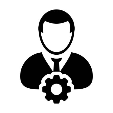 Düz renkli glyph pictogram illüstrasyon ayarları ve yapılandırma için dişli cogwheel ile Teknisyen simgesi vektör erkek kişi profil avatar