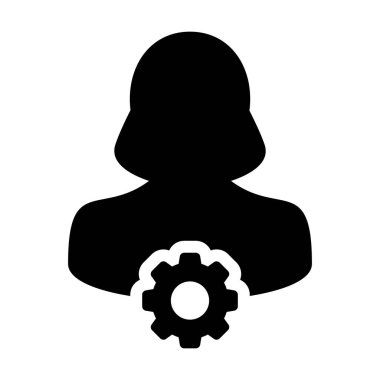 Düz renkli glyph pictogram illüstrasyon ayarları ve yapılandırma için dişli cogwheel ile Mekanik simge vektör kadın kişi profil avatar