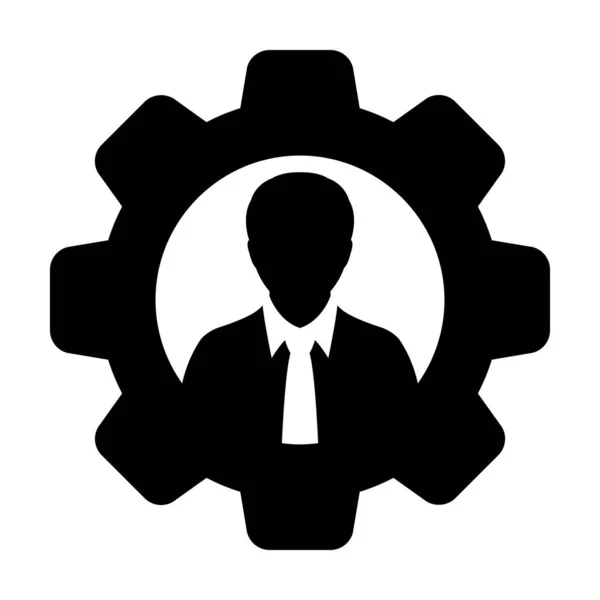 Icono de usuario vector hombre persona perfil avatar con engranaje rueda dentada para los ajustes y la configuración en color plano glifo pictograma ilustración — Archivo Imágenes Vectoriales