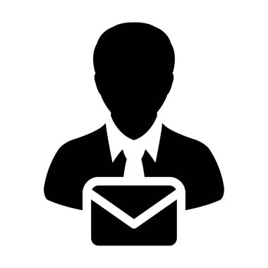 Glyph pictogram illüstrasyon posta iletişimi için zarf sembolü ile işçi simgesi vektör erkek kullanıcı kişi profil avatar