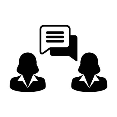 Simge vektörü kadın profil avatarı tartışmalar için konuşma balonu sembolü ve düz renk çizimi resimlemesi ile yardımcı olur