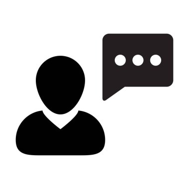 Tartışma ve düz renk glyph pictogram illüstrasyon bilgi için konuşma balonu sembolü ile Müşteri simgesi vektör erkek kişi profil avatar