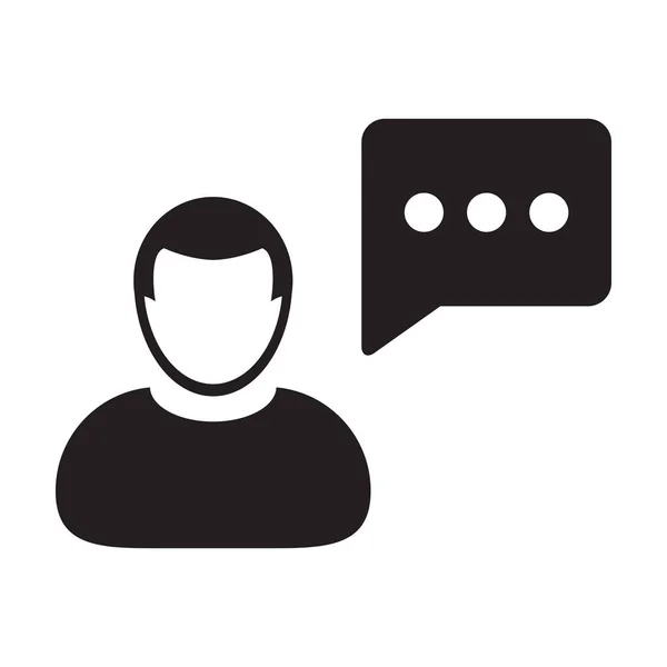 Bate-papo ícone vetor de perfil de pessoa masculina avatar com símbolo de bolha de fala para discussão e informações na ilustração de pictograma de glifo de cor plana —  Vetores de Stock