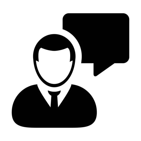 Ícone de informação vetor de perfil de pessoa masculina avatar com símbolo de bolha de fala para discussão e informações em ilustração de pictograma de glifo de cor plana — Vetor de Stock