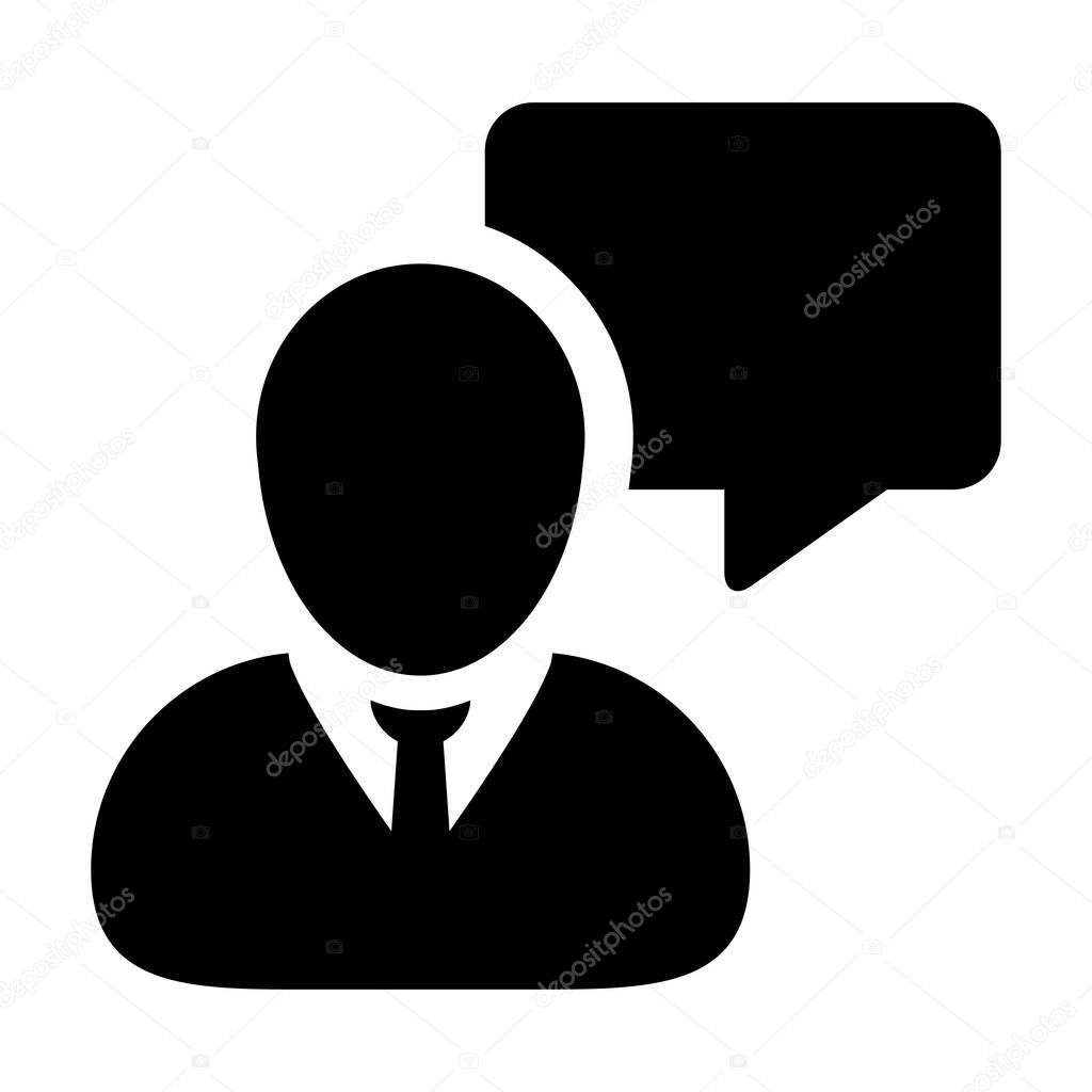 Speech bubble icon vector male person profile avatar with chat symbol for discussion and information in flat color glyph pictogram illustration