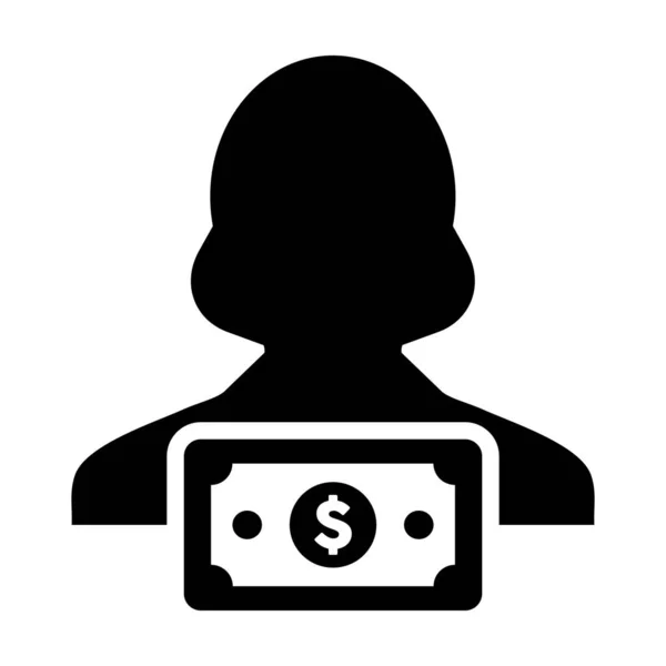 Vetor de ícone bancário perfil de usuário feminino avatar com símbolo de moeda de sinal de dólar para negócios bancários e financeiros em pictograma de glifo de cor plana — Vetor de Stock