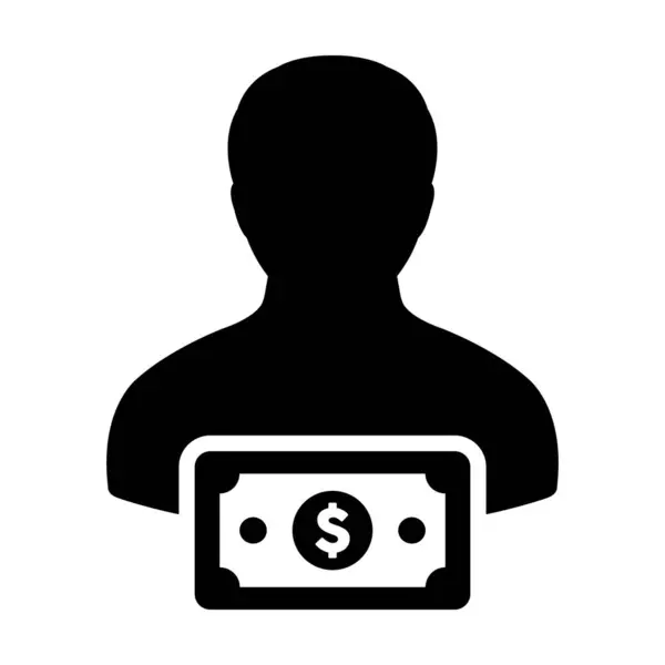 Ícone de receita vetor de perfil de usuário masculino avatar com símbolo de moeda de sinal de dólar para negócios bancários e financeiros em ilustração de pictograma de glifo de cor plana — Vetor de Stock