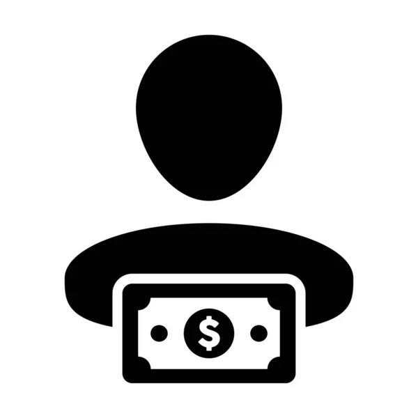 Vetor de ícone de lucro perfil de usuário masculino avatar com símbolo de moeda de sinal de dólar para negócios bancários e financeiros em ilustração de pictograma de glifo de cor plana — Vetor de Stock