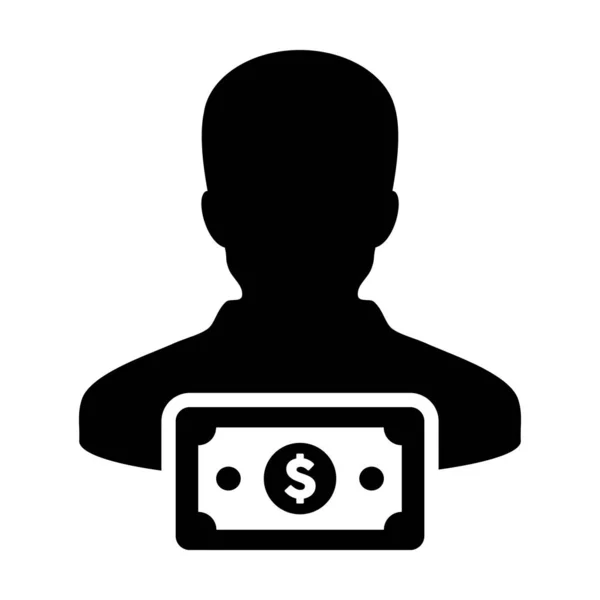 Seguro ícone vetor masculino perfil pessoa usuário avatar com símbolo de moeda de sinal de dólar dinheiro para o negócio bancário e financeiro em cor plana glifo pictograma ilustração — Vetor de Stock