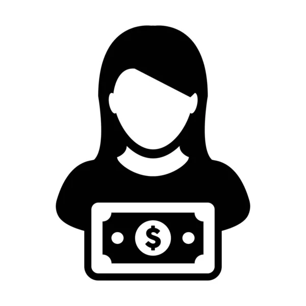 Vetor de ícone de dinheiro perfil de usuário feminino avatar com símbolo de moeda de sinal de dólar para negócios bancários e financeiros em ilustração de pictograma de glifo de cor plana — Vetor de Stock