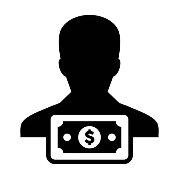 Ikona inwestycja wektor człowiek profil osoba z dolara znak waluty symbol pieniądze dla bankowości i finansów biznesu w płaski kolor glif ilustracja piktogram — Wektor stockowy