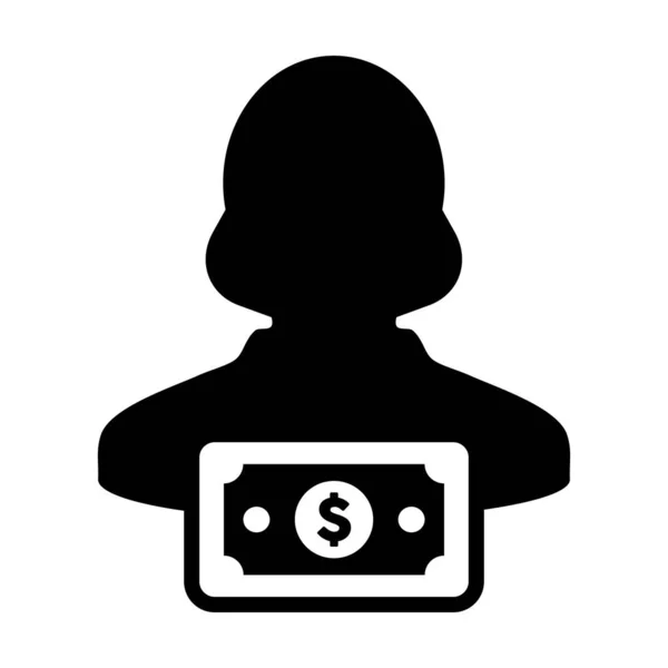 Vetor de ícone de moeda feminino perfil de usuário avatar com símbolo de dinheiro dólar para negócios bancários e financeiros em ilustração pictograma de glifo de cor plana — Vetor de Stock