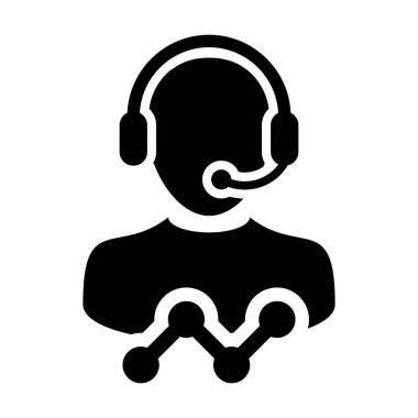 Glyph pictogram illüstrasyon online asistan için kulaklık ve çizgi grafiği ile simge vektör erkek veri desteği müşteri hizmetleri kişi profil avatar yardım