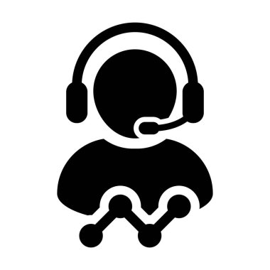 Çizgi grafik simgesi vektör erkek veri desteği müşteri hizmetleri kişi profil avatarı ile kulaklık ve grafik için online asistan için glyph pictogram illüstrasyon