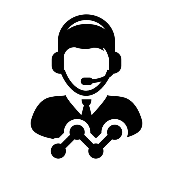 Business Service ikona wektor mężczyzna obsługa klienta danych profil osoby wsparcie avatar z słuchawkami i wykres liniowy dla Asystenta online na ilustracji piktogramów glifów — Wektor stockowy