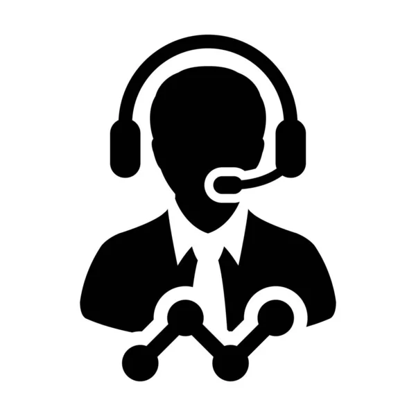 Avatar de profil de personne de soutien de données masculin vectoriel d'icône d'expérience client avec le casque et le graphique linéaire pour l'assistant en ligne dans l'illustration de pictogramme de glyphe — Image vectorielle