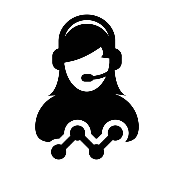 Icono de soporte técnico vector datos femeninos servicio al cliente persona perfil avatar con auriculares y gráfico de línea para asistente en línea en ilustración de glifo — Vector de stock