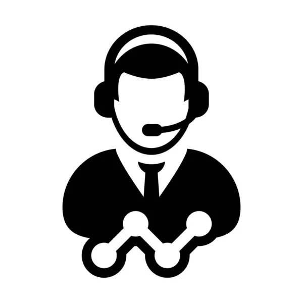 Vetor de ícone de call center suporte a dados masculinos perfil de pessoa de atendimento ao cliente avatar com fone de ouvido e gráfico de linha para assistente on-line em ilustração de pictograma de glifo — Vetor de Stock