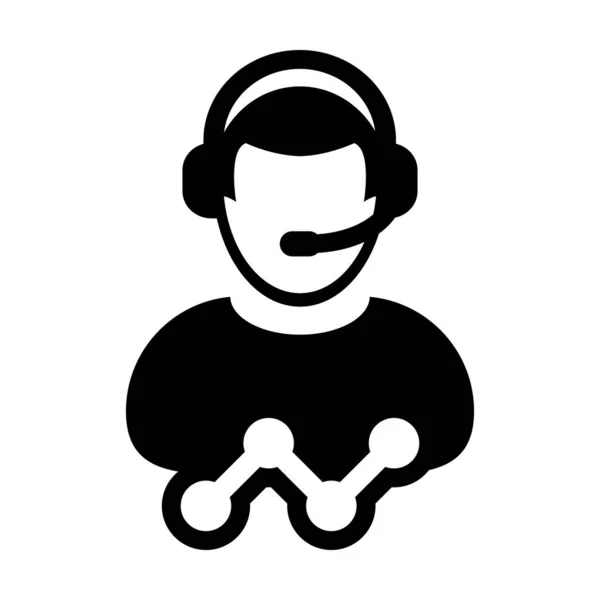 Stöd ikon vektor manliga kundtjänst datatjänst person profil avatar med hörlurar och linjediagram för online-assistent i Glyph piktogram illustration — Stock vektor