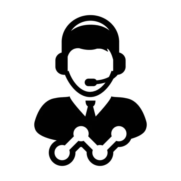 Ayuda icono vector masculino soporte de datos servicio al cliente persona perfil avatar con auriculares y gráfico de línea para asistente en línea en ilustración pictograma glifo — Vector de stock