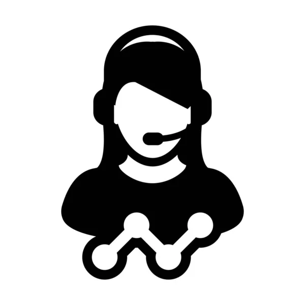 Assistente icona vettoriale femmina dati supporto servizio clienti persona profilo avatar con cuffie e grafico a linee per chat online in illustrazione pittogramma glifo — Vettoriale Stock