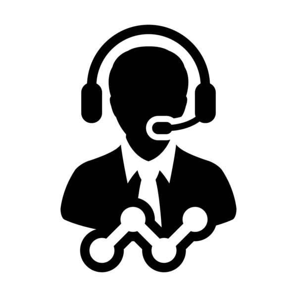 Business Support icon vector mannelijke Customer Care data service persoon profiel avatar met hoofdtelefoon en lijngrafiek voor online assistent in glyph-pictogram illustratie — Stockvector